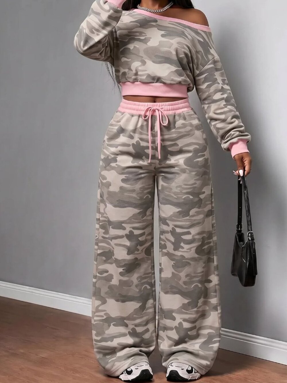 Multicolor Casual Women's Striped One-Shoulder Cropped Top And Pants Set